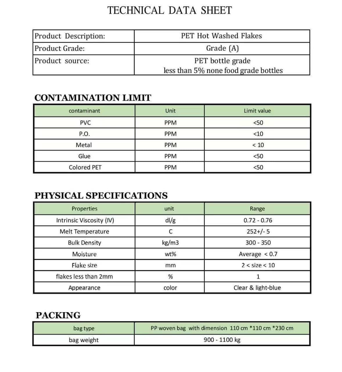 Technical Datasheet PET Flakes Grade A - SARL YAN UNIVERSAL